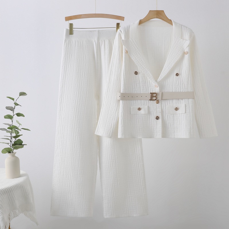 Cross border new comfortable women's clothing maze jacquard pattern B-shaped breasted lapel, waist cinched knit long sleeved pants set Cross border new comfortable women's clothing maze jacquard pattern B-shaped breasted lapel, waist cinched knit long sleeved pants set