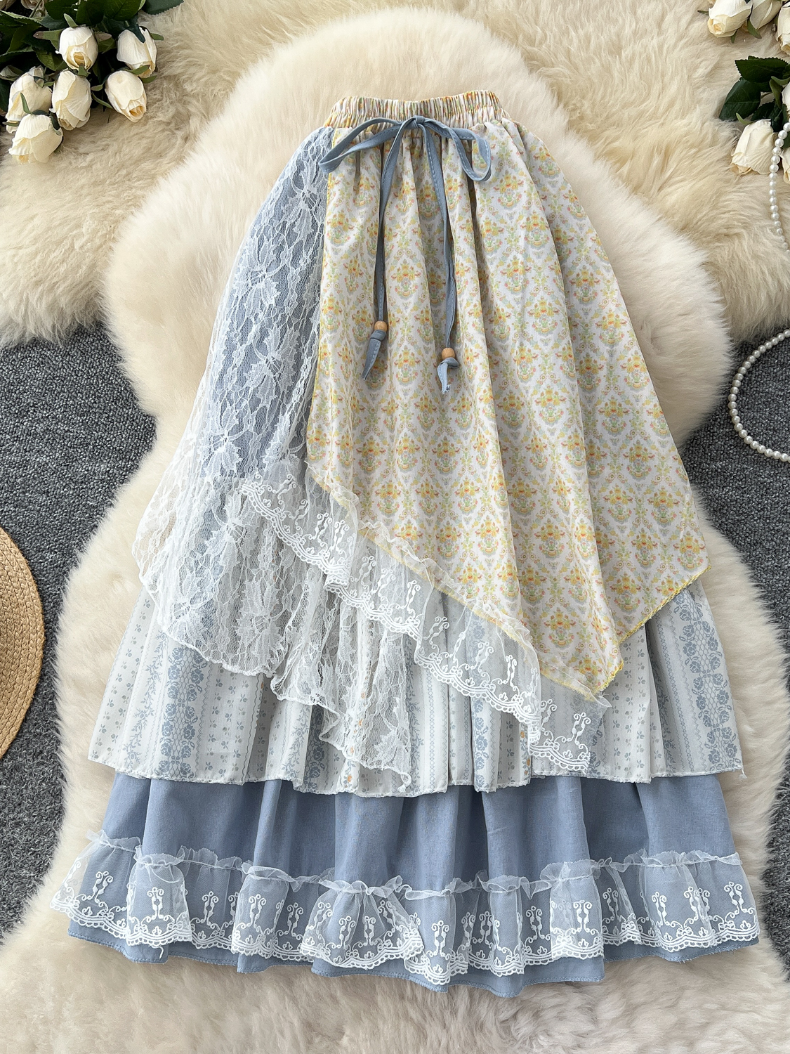 Sweet Forest style high waisted midi skirt for women's summer new design sense, lace patchwork floral irregular fairy skirt