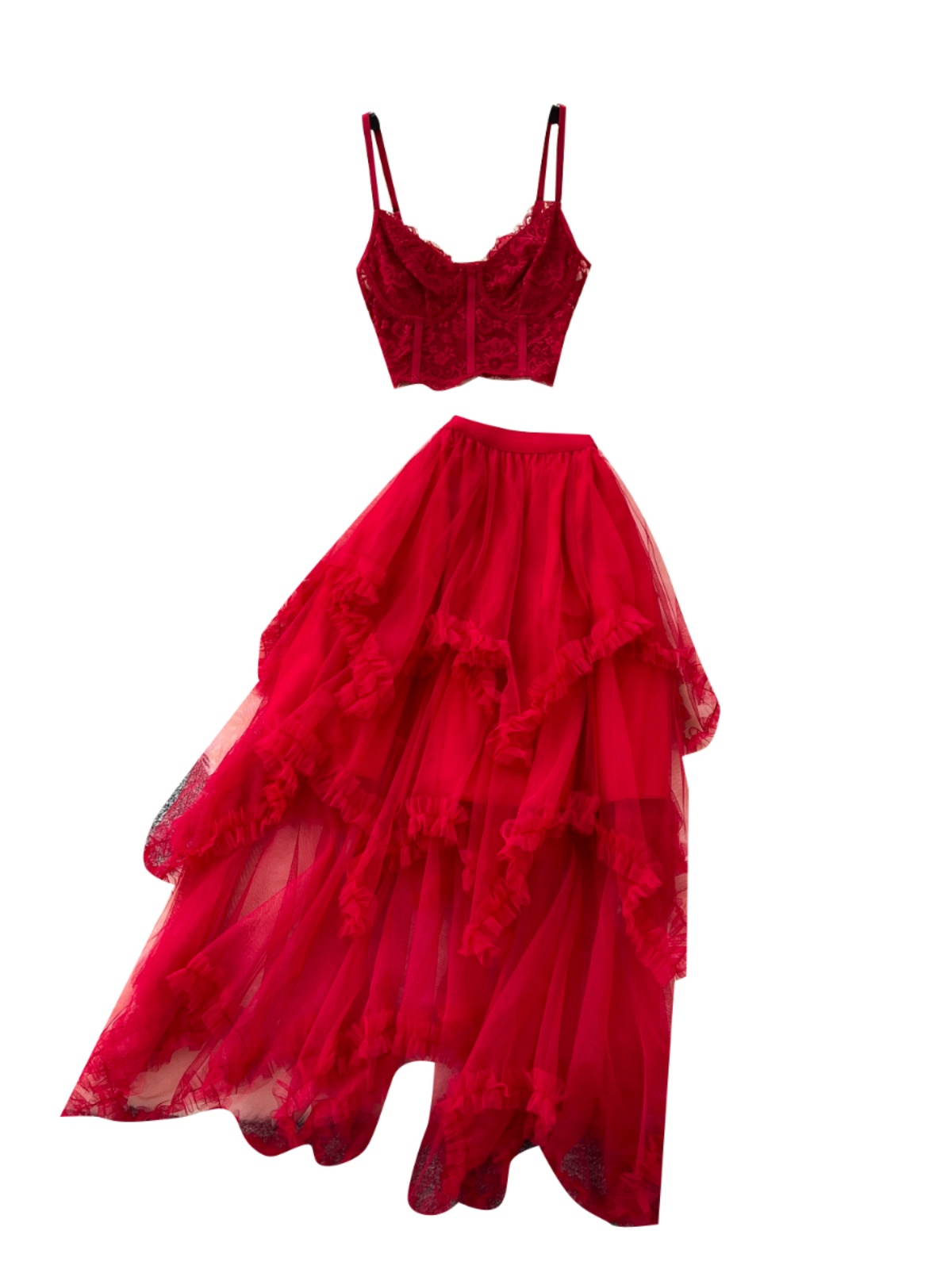 Atmosphere fairy suit dress 2024 new sexy lace camisole top high waist irregular mesh skirt Atmosphere fairy suit dress 2024 new sexy lace camisole top high waist irregular mesh skirt