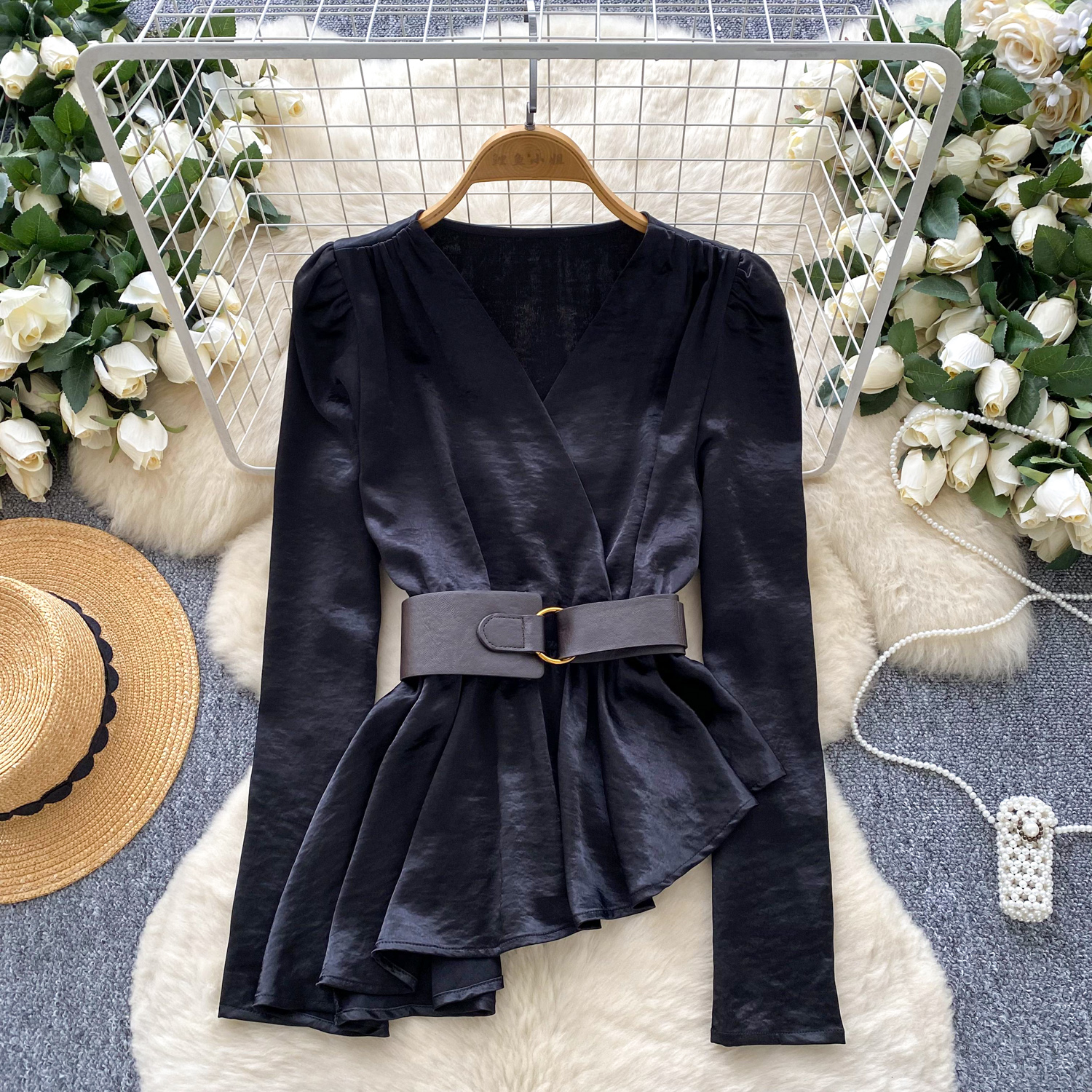 Wealthy heiress style satin long sleeved shirt for women in autumn, irregular belt design, high-end temperament, trendy top Wealthy heiress style satin long sleeved shirt for women in autumn, irregular belt design, high-end temperament, trendy top