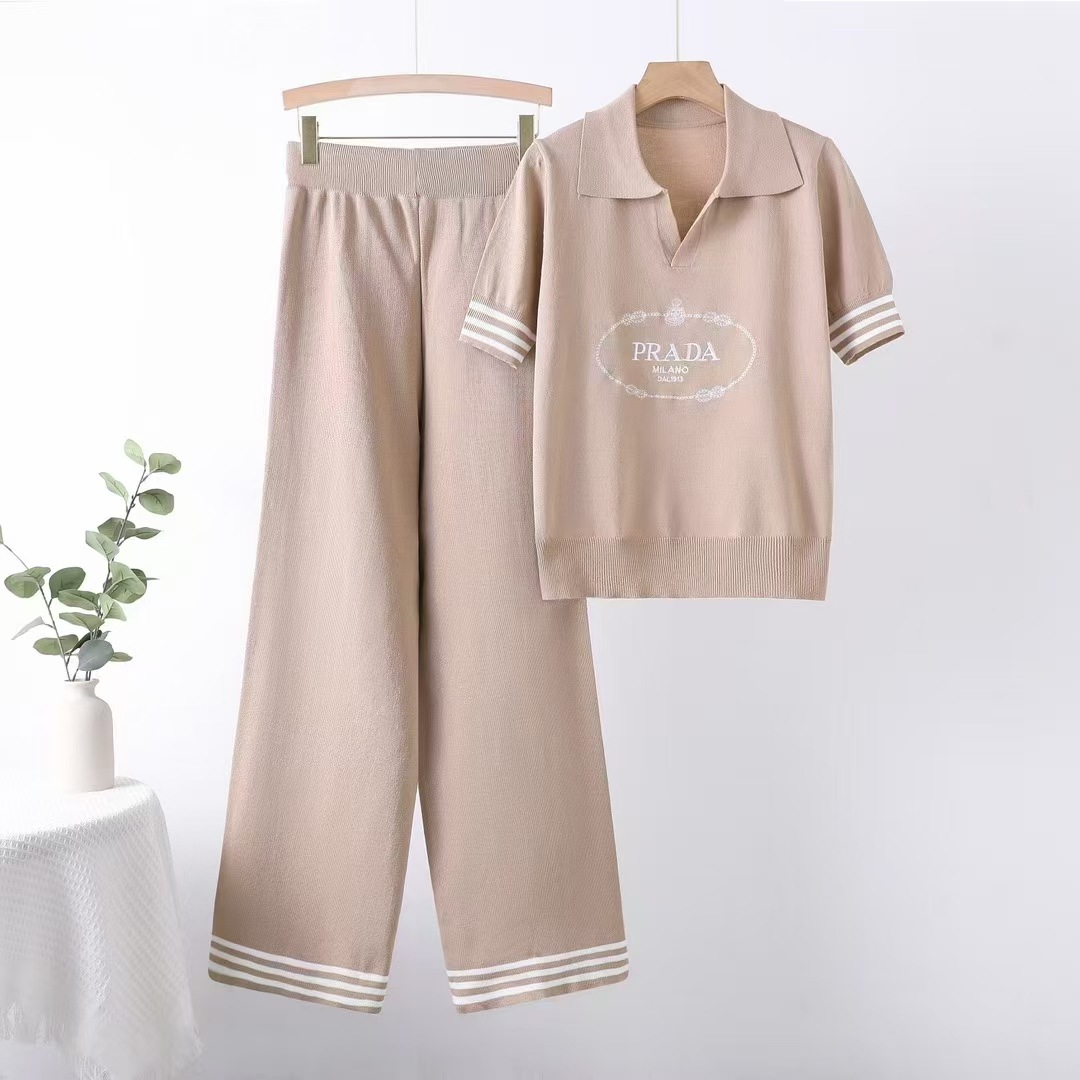 Summer fashion short sleeved letter printed pullover top, wide leg pants, knitted foreign trade two-piece set, sports and leisure suit Summer fashion short sleeved letter printed pullover top, wide leg pants, knitted foreign trade two-piece set, sports and leisure suit