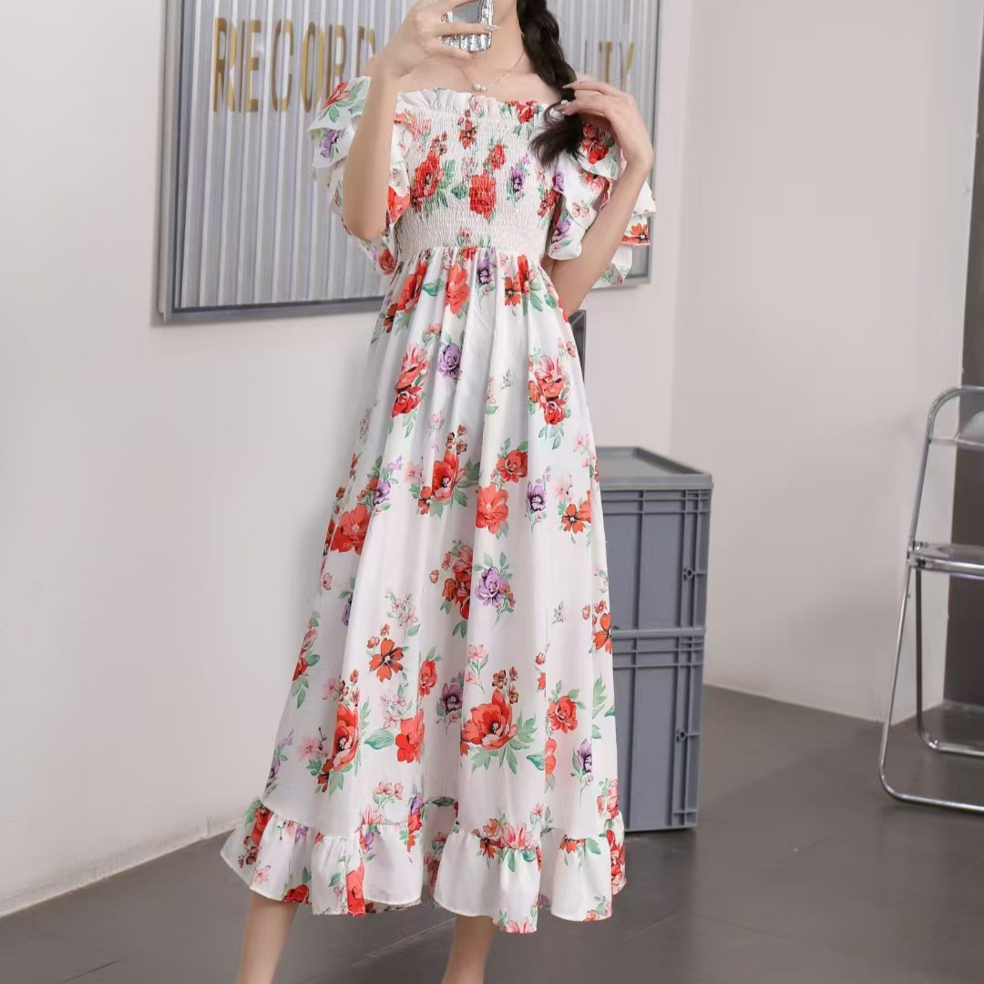 2024 Spring New French Holiday One Collar Off Shoulder Short Sleeve Shrink Waist for Slimming, Floral Long Cute Kikyo Dress