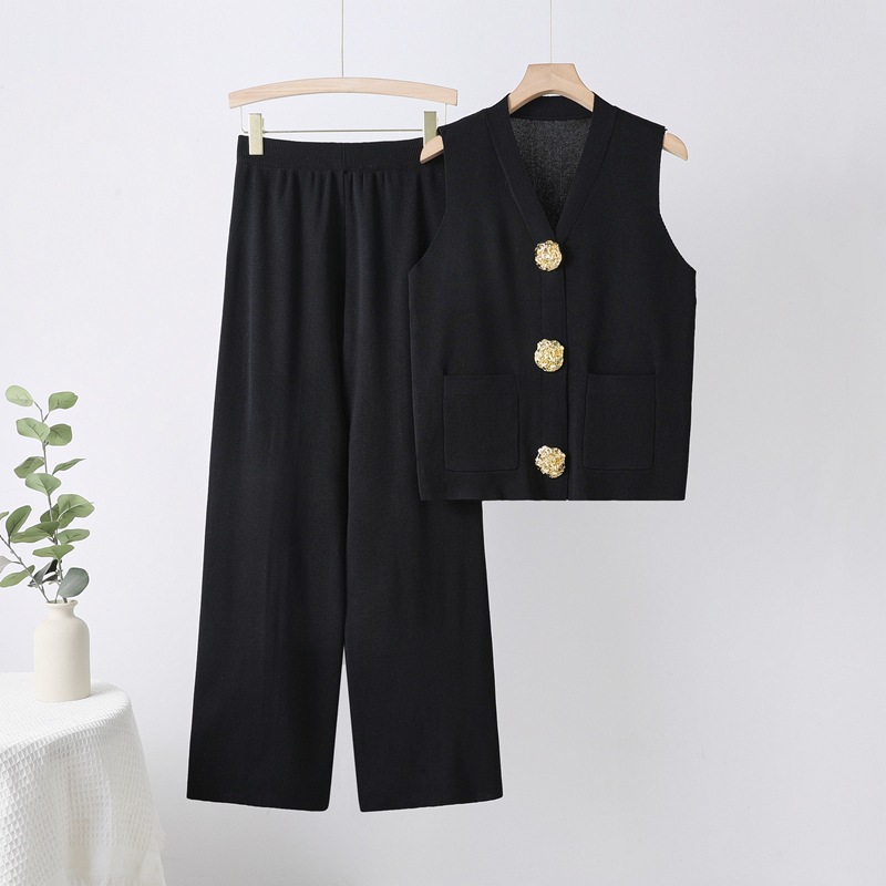 Cross border fashion suit women's summer new item European and American sleeveless big button knitted top straight leg wide leg pants two-piece set Cross border fashion suit women's summer new item European and American sleeveless big button knitted top straight leg wide leg pants two-piece set
