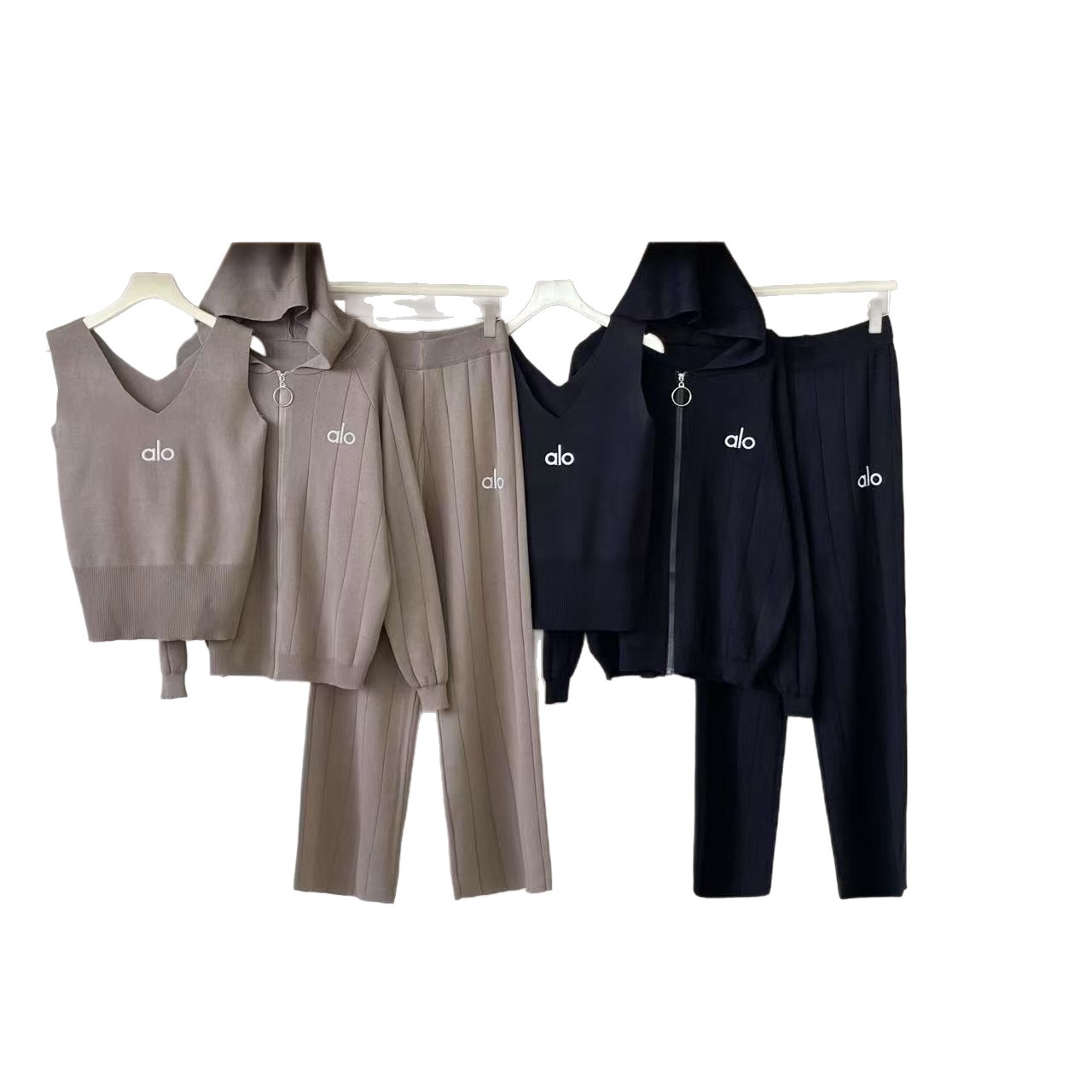 Cross border minimalist design knitted three piece set, 2025 solid color casual vest fashion cardigan, slimming and wide leg pants Cross border minimalist design knitted three piece set, 2025 solid color casual vest fashion cardigan, slimming and wide leg pants