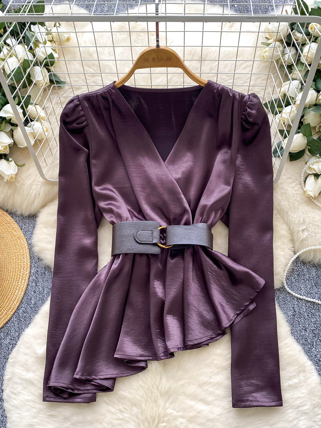 Wealthy heiress style satin long sleeved shirt for women in autumn, irregular belt design, high-end temperament, trendy top