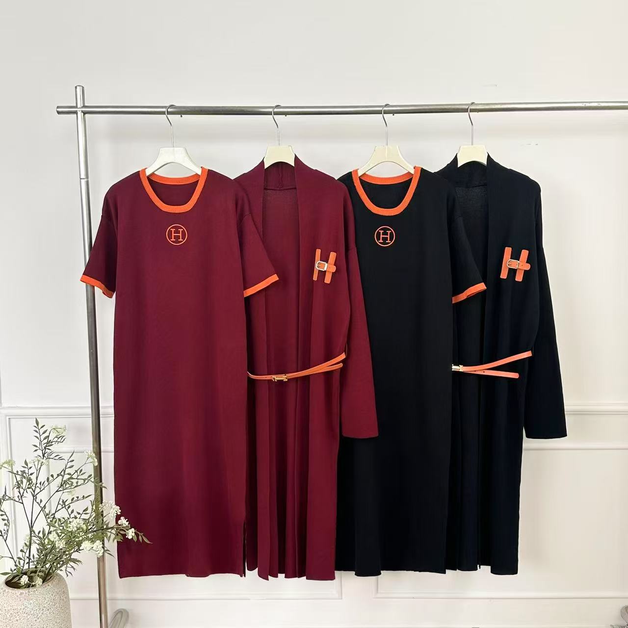 Cross border 25 year new simple and versatile temperament dress, H-letter knitted long cardigan jacket, two-piece set for autumn Cross border 25 year new simple and versatile temperament dress, H-letter knitted long cardigan jacket, two-piece set for autumn