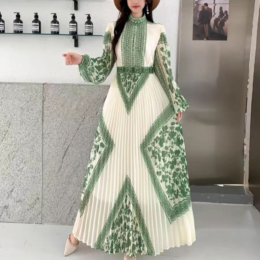 High end temperament dress for women 2025 new style French strap waist cinched lantern sleeve positioning printed pleated long skirt