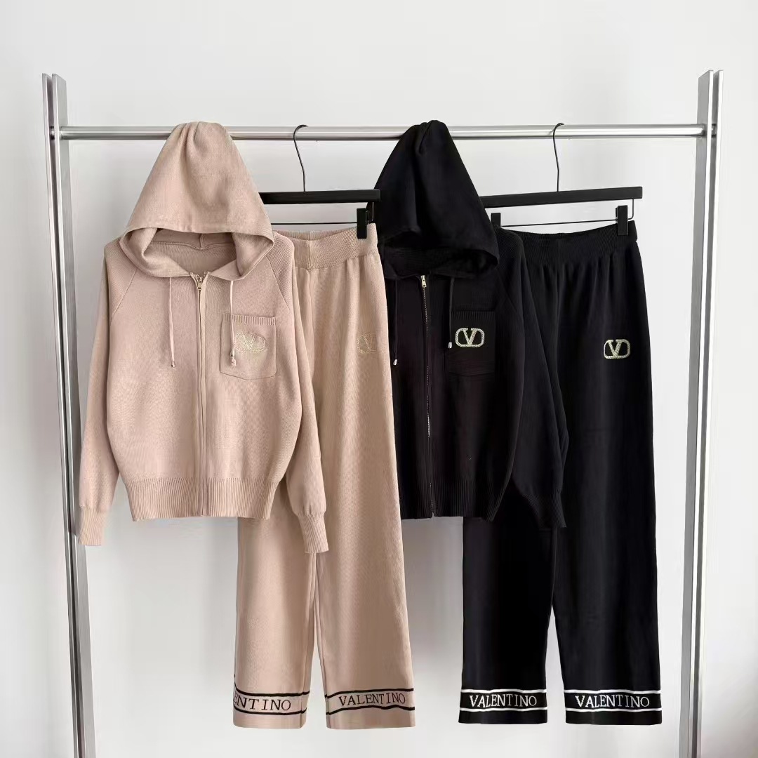 Cross border 2025 autumn/winter hooded zipper jacket simple sports loose wide leg pants knitted two-piece set for women