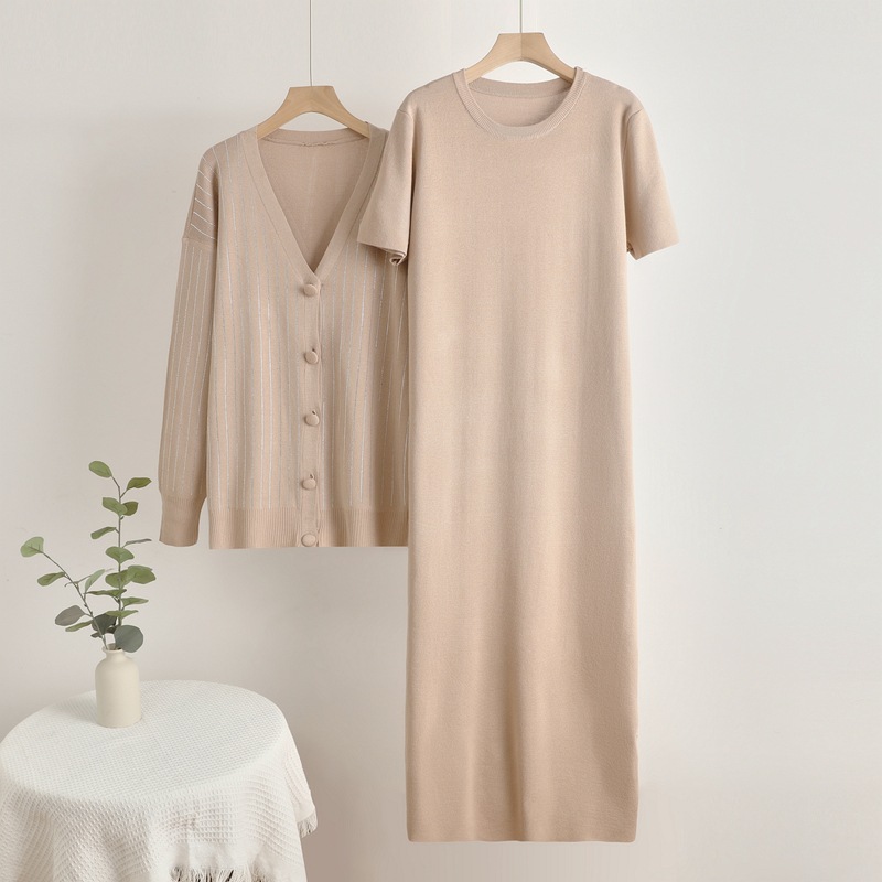 Cross border foreign trade Spring and Autumn new loose knitted hot stamping jacket cardigan+casual medium long dress two-piece set