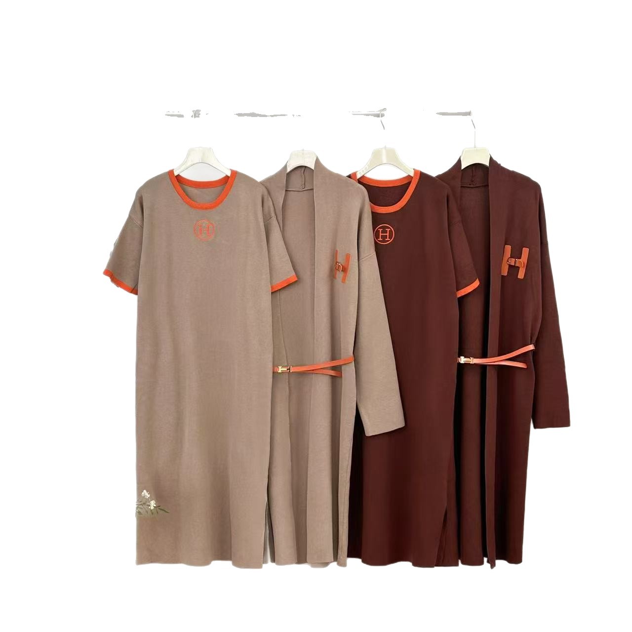 Cross border 25 year new simple and versatile temperament dress, H-letter knitted long cardigan jacket, two-piece set for autumn Cross border 25 year new simple and versatile temperament dress, H-letter knitted long cardigan jacket, two-piece set for autumn