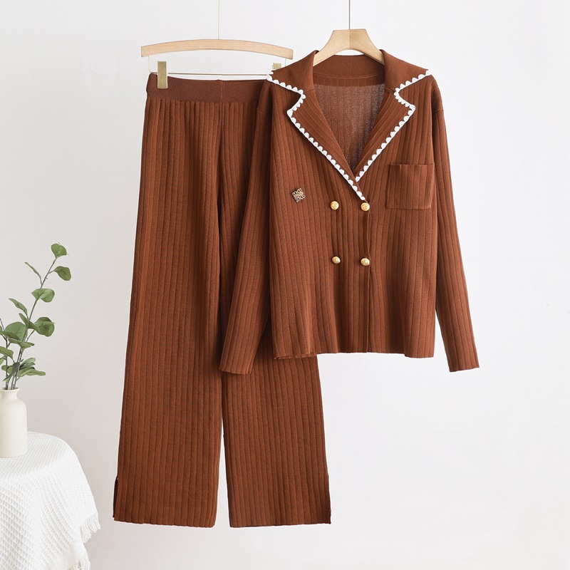 Cross border 2025 autumn and winter new solid color high-end temperament jacket slimming knitted high waisted pants two-piece set Cross border 2025 autumn and winter new solid color high-end temperament jacket slimming knitted high waisted pants two-piece set
