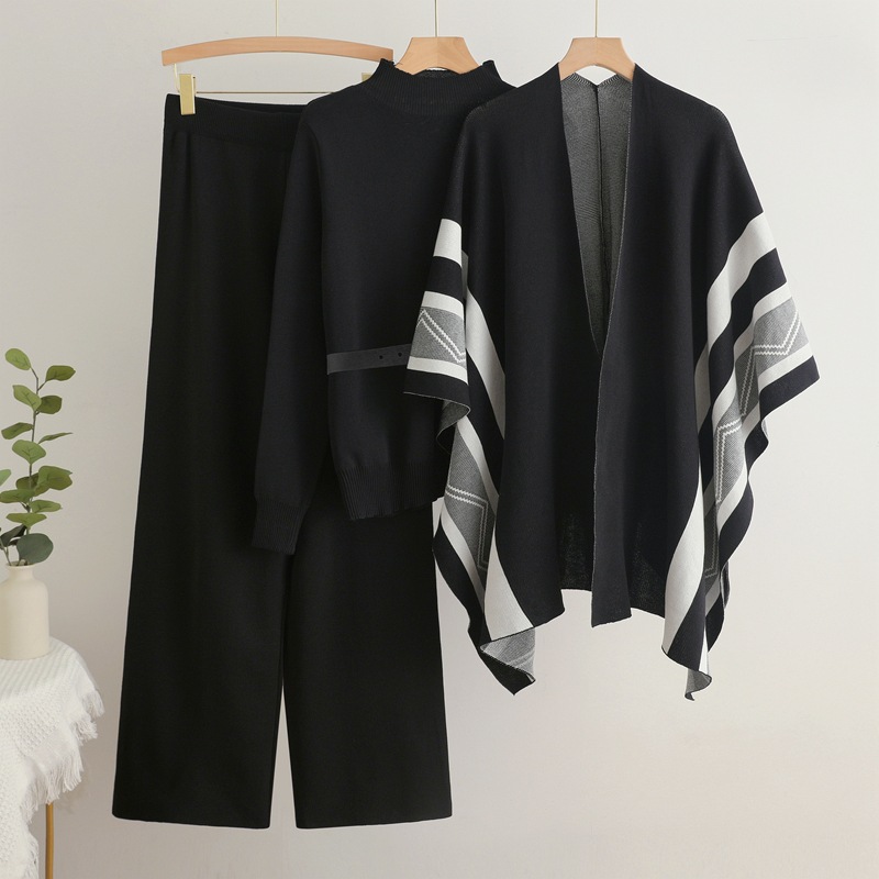 Cross border foreign trade fashion spring and autumn loose casual shawl cardigan jacket+high neck sweater base+wide leg pants three pieces Cross border foreign trade fashion spring and autumn loose casual shawl cardigan jacket+high neck sweater base+wide leg pants three pieces