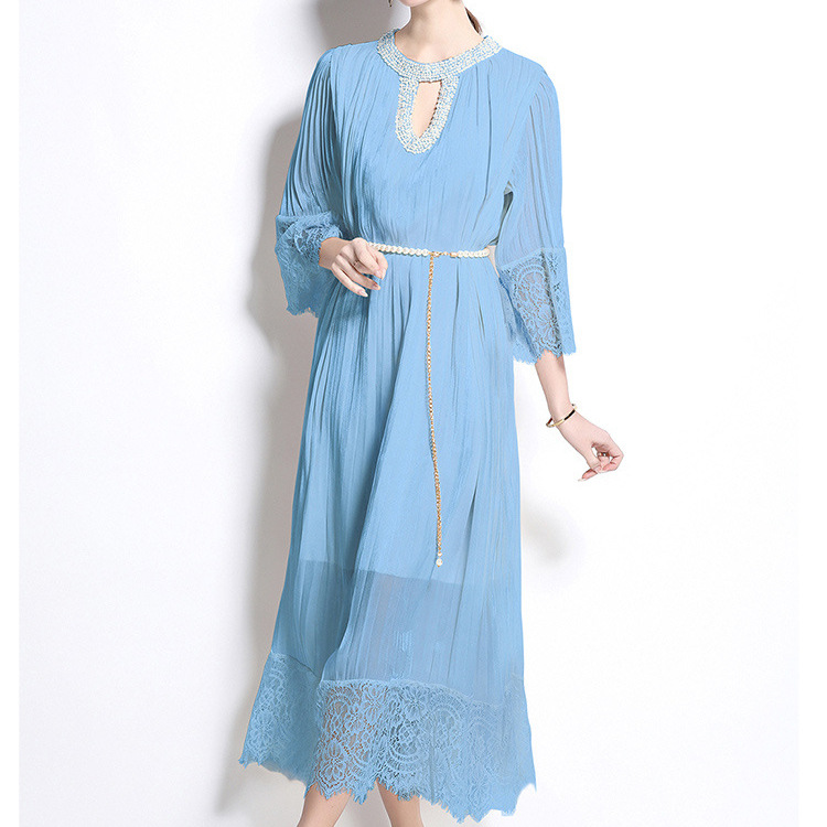 European and American style light luxury socialite dress for women in spring with diamond studded seven quarter sleeves and mesh splicing design, unique temperament long skirt