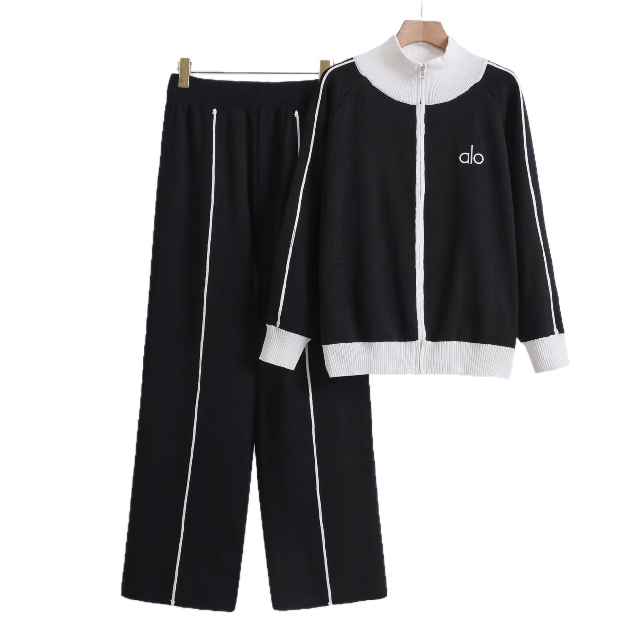 Cross border autumn and winter small fragrance style contrasting color stand up collar casual knitted suit women's versatile zipper jacket elastic straight leg pants Cross border autumn and winter small fragrance style contrasting color stand up collar casual knitted suit women's versatile zipper jacket elastic straight leg pants