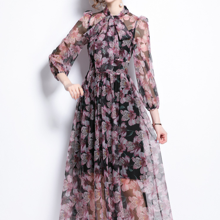 Floral series elegant dress niche bow light chiffon fairy style elegant vacation skirt autumn dress goddess style