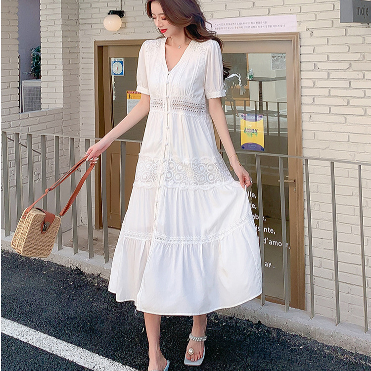 Sweet Forest style white dress for women's summer new style French gentle style waist cinching slimming temperament lace patchwork dress