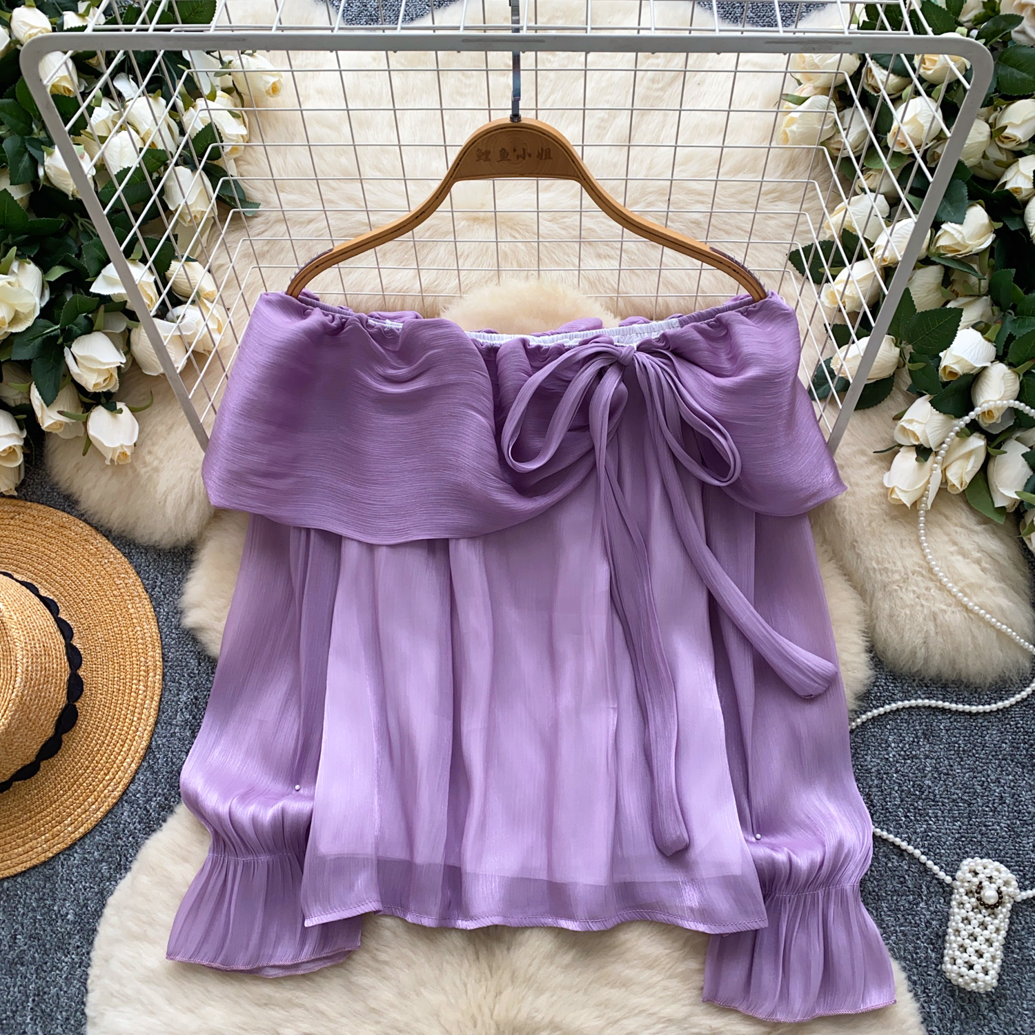 Gentle and elegant one shoulder lace up ruffle edge long sleeved shirt for women in autumn, versatile and stylish pearl mesh top Gentle and elegant one shoulder lace up ruffle edge long sleeved shirt for women in autumn, versatile and stylish pearl mesh top