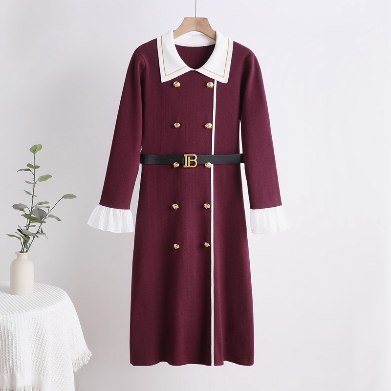 Cross border high-end atmosphere, formal occasion, small fragrance style, waist cinching, long sleeved slimming, Hepburn knitted mid length dress Cross border high-end atmosphere, formal occasion, small fragrance style, waist cinching, long sleeved slimming, Hepburn knitted mid length dress