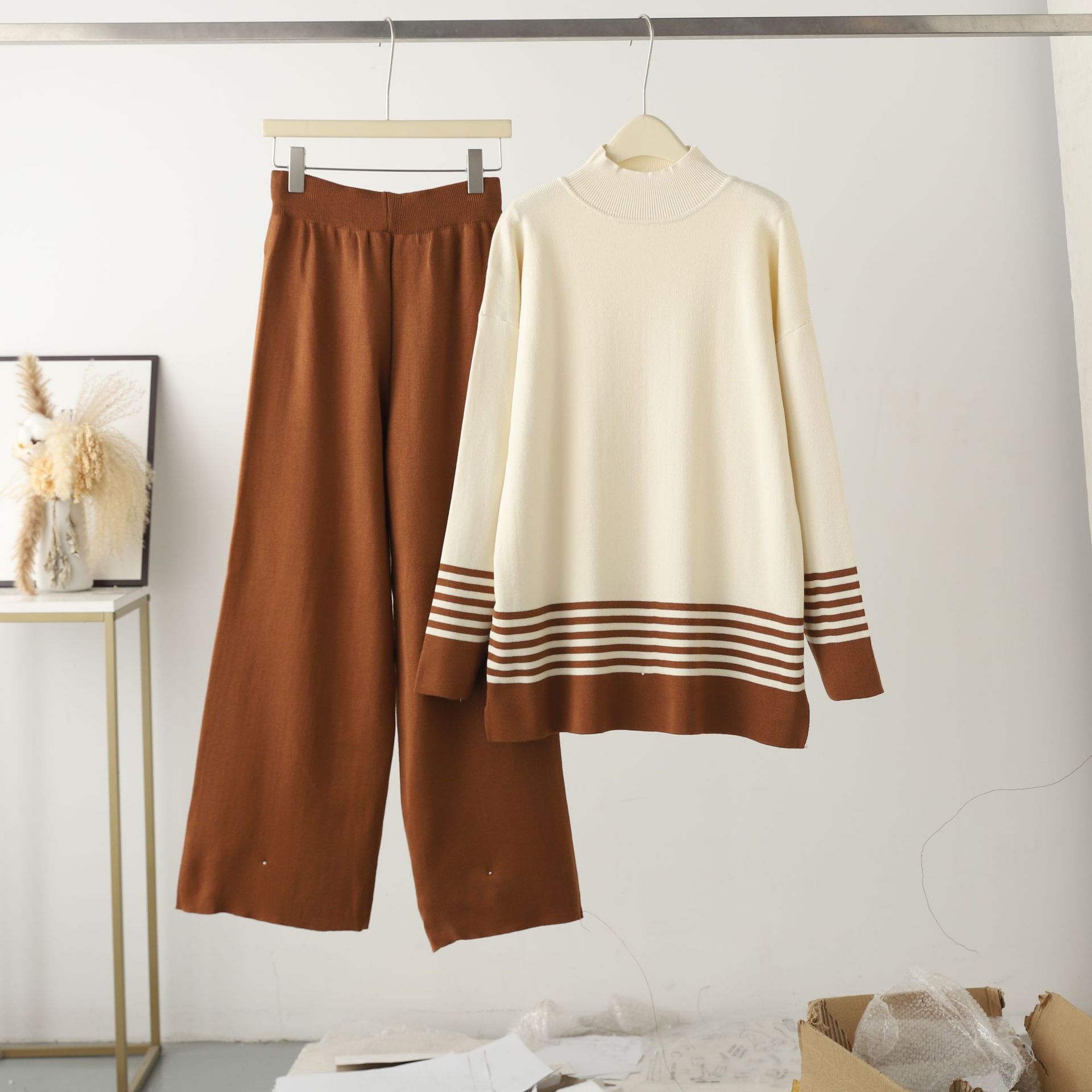 2023 Early Autumn New Casual Fashion Set Fashionable Aging Knitted Top Wide Leg Pants Two Piece Set for Women 2023 Early Autumn New Casual Fashion Set Fashionable Aging Knitted Top Wide Leg Pants Two Piece Set for Women