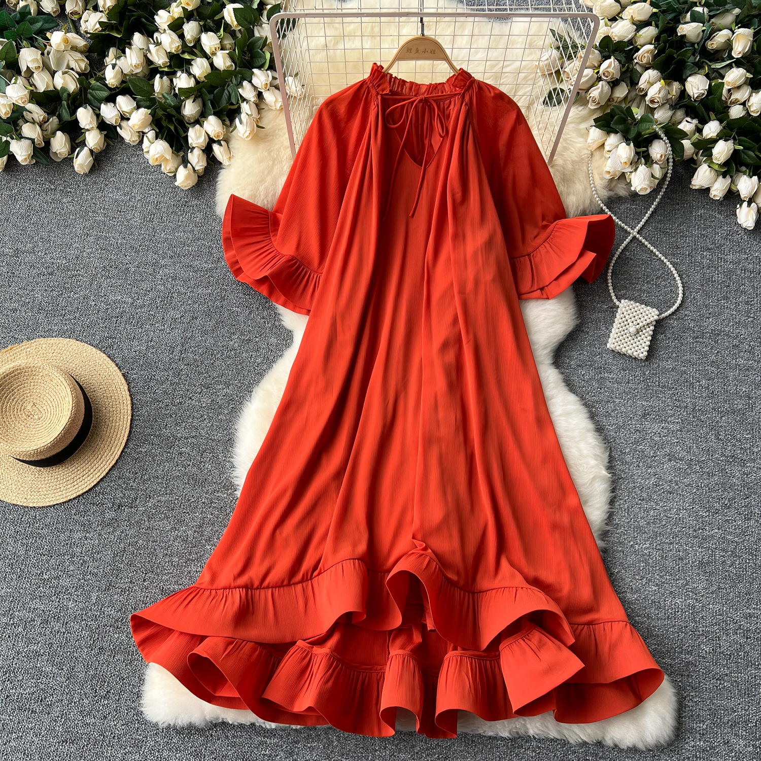 European and American niche palace style lotus leaf edge dress, women's high-end sense, loose and slimming temperament, vacation dress, long skirt European and American niche palace style lotus leaf edge dress, women's high-end sense, loose and slimming temperament, vacation dress, long skirt