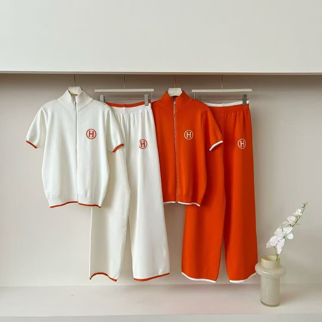 Foreign trade zipper cardigan short sleeved knitted wide leg pants two-piece set with letter splicing simple and versatile fashion suit for women