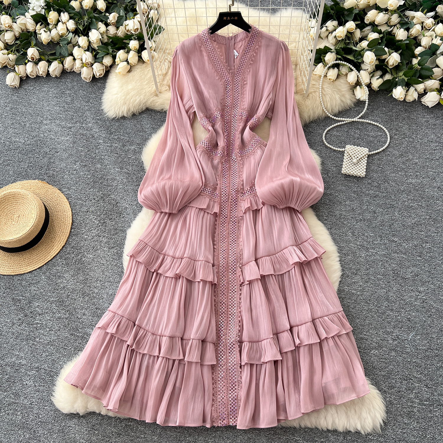 French elegant temperament dress, women's heavy industry hot stamping lace splicing waist slimming lantern sleeves ruffle edge long skirt French elegant temperament dress, women's heavy industry hot stamping lace splicing waist slimming lantern sleeves ruffle edge long skirt