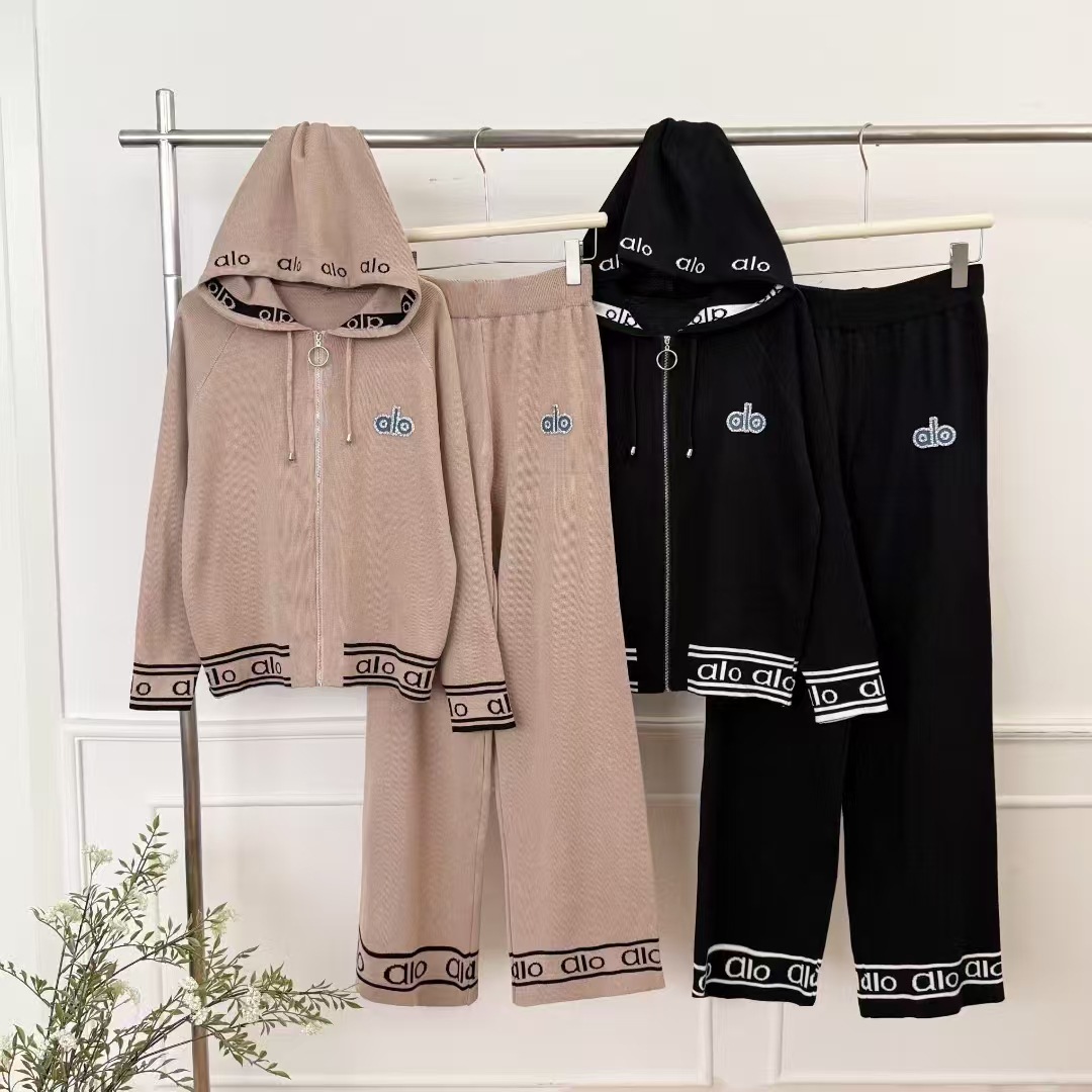 Cross border 2025 Spring and Autumn casual hooded knitted cardigan with contrasting letters, high waist wide leg pants two-piece set