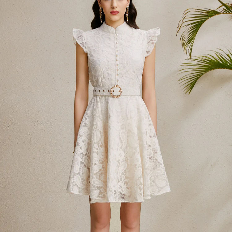 French court style high-end small flying sleeve dress for women, summer mesh, crochet waist belt, slimming, exquisite and unique short skirt