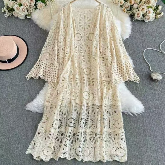 Lazy style versatile slimming hollow out hook flower knitted cardigan women's vacation style wearing shawl jacket long sun protection shirt