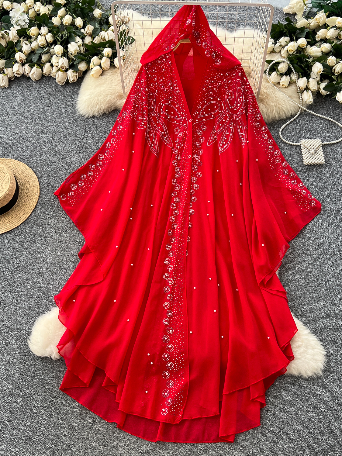 European and American fashion heavy industry nail bead hooded shawl jacket women's summer loose irregular thin cape mesh hood shirt European and American fashion heavy industry nail bead hooded shawl jacket women's summer loose irregular thin cape mesh hood shirt