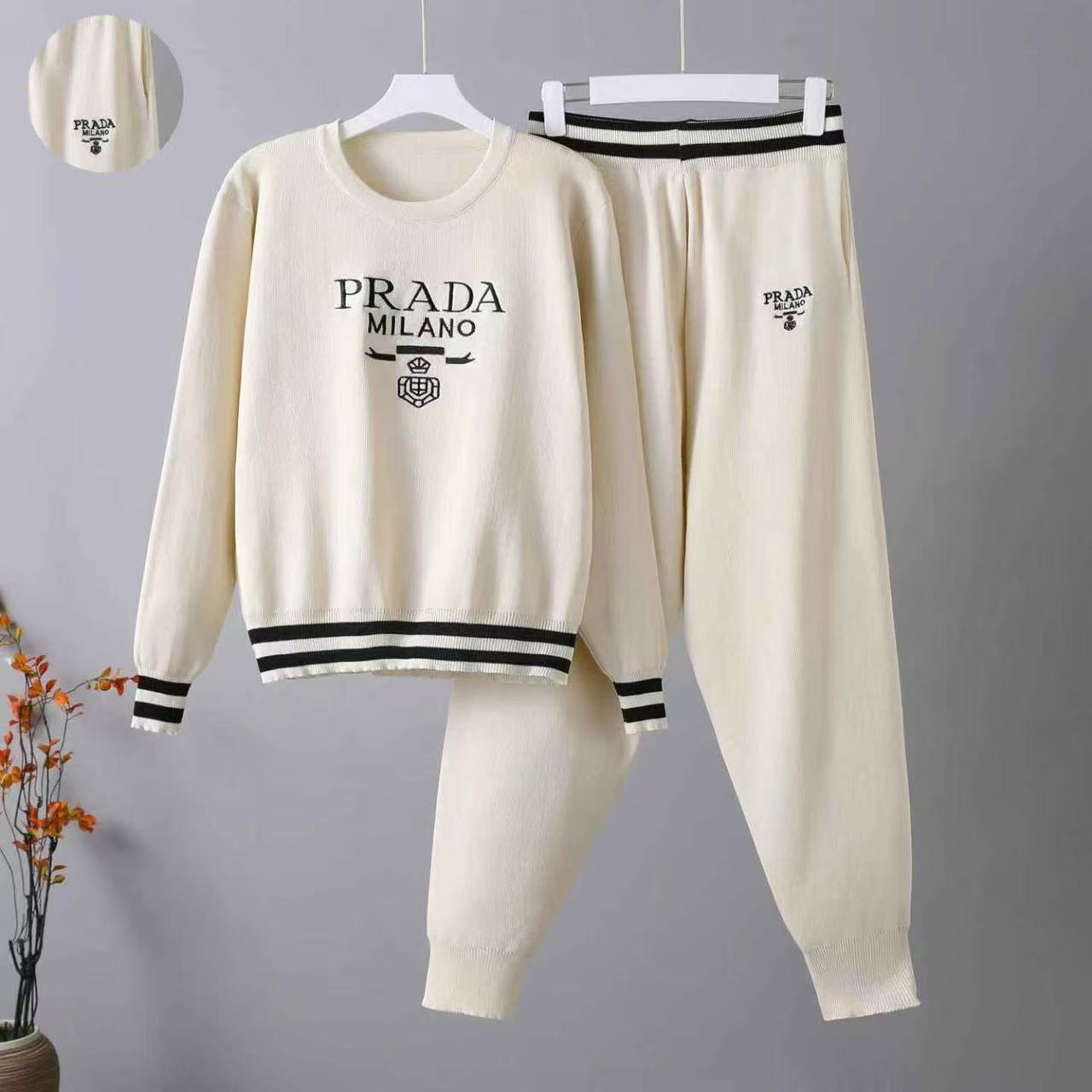 Cross border European and American trendy personalized heavy industry letter printing color blocked round neck top autumn and winter ankle pants knitted two-piece set Cross border European and American trendy personalized heavy industry letter printing color blocked round neck top autumn and winter ankle pants knitted two-piece set