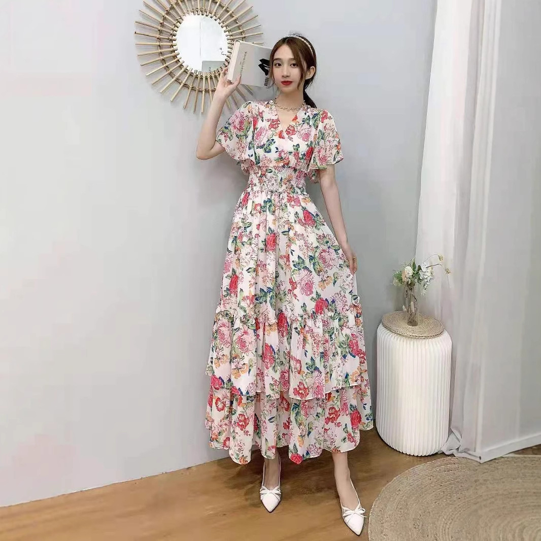 Foreign trade V-neck short sleeved chiffon printed pleated design dress A-line skirt with elastic waist and lining long skirt for women