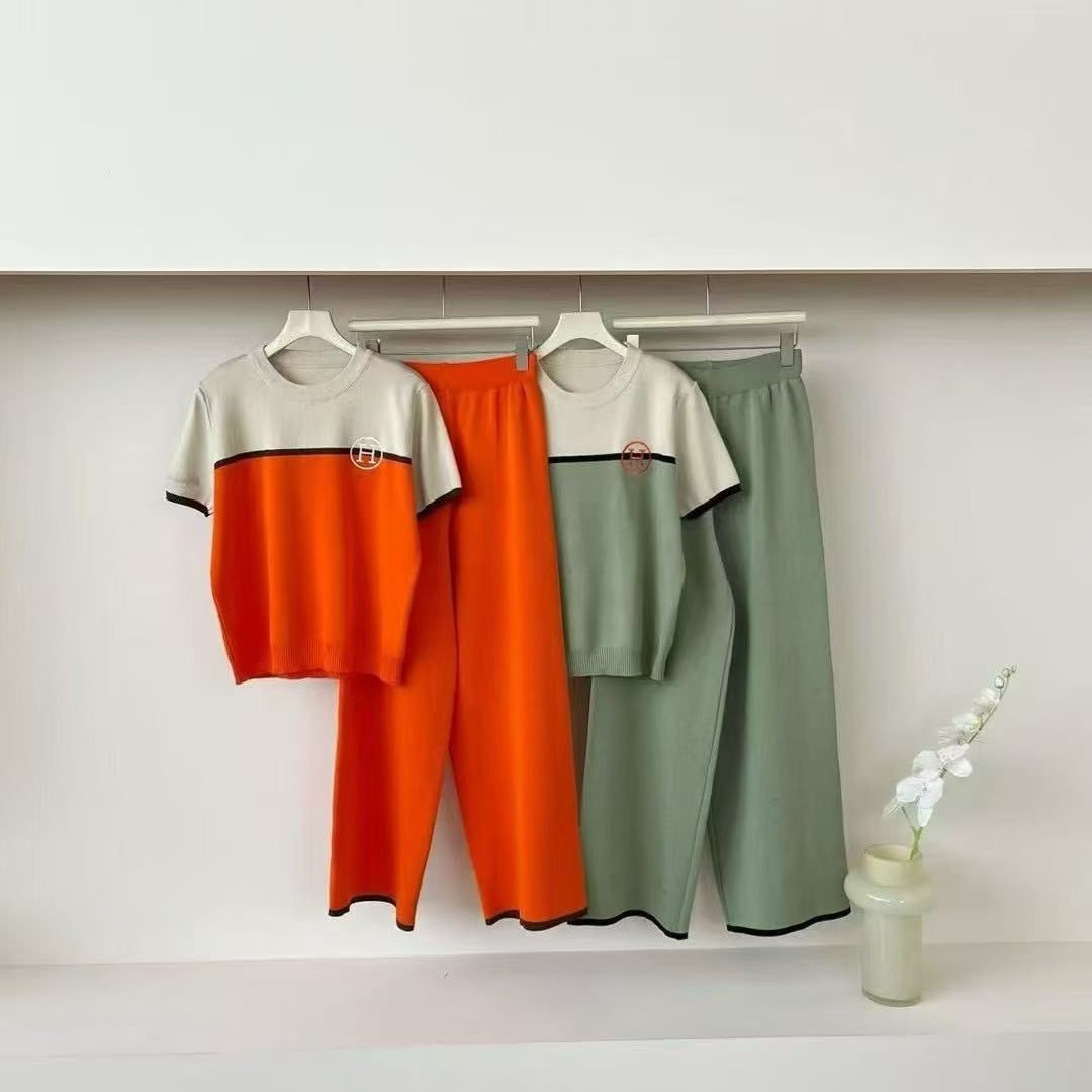 New round neck contrasting short sleeved top, knitted pants two-piece set, casual and fashionable, foreign trade style, letter set for women