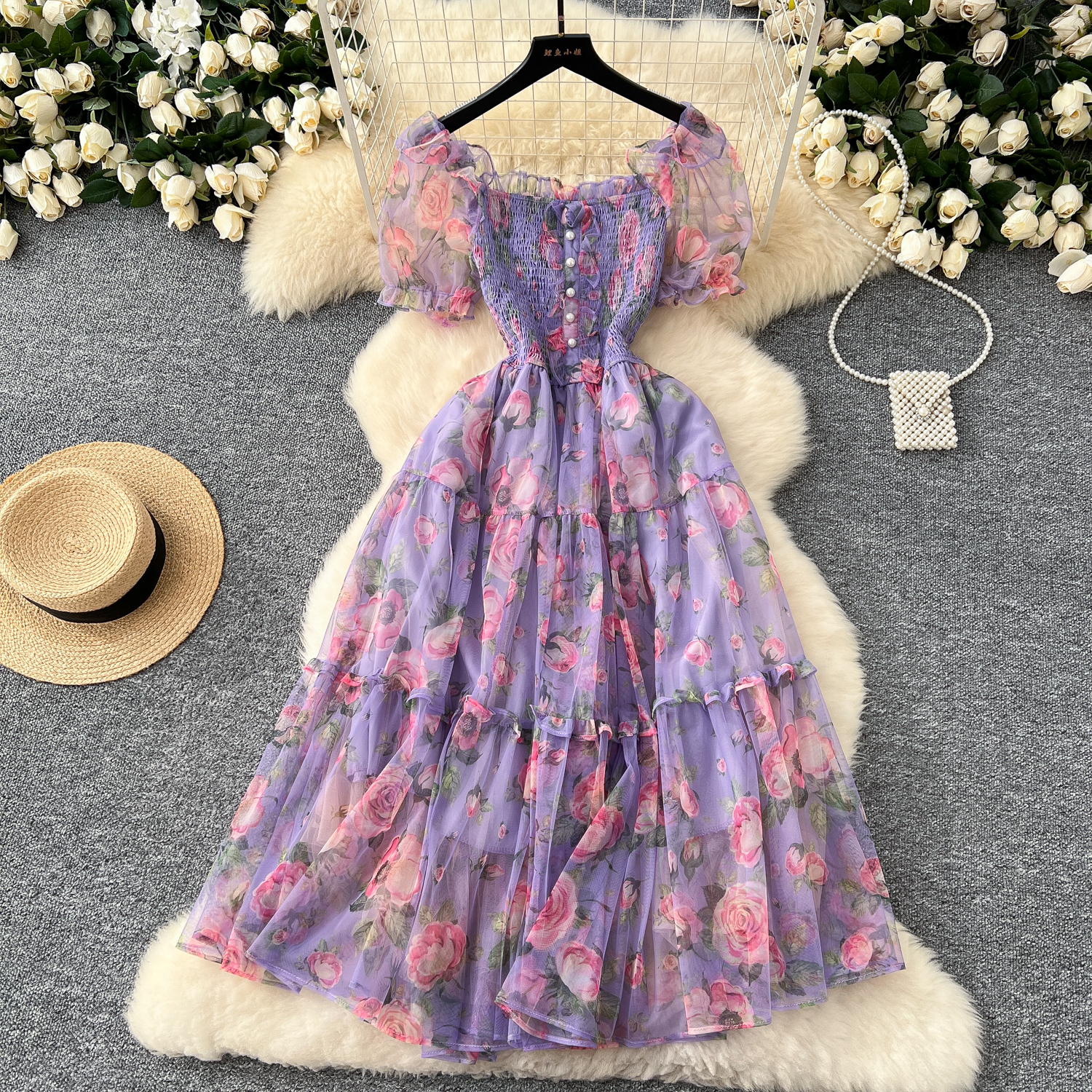 Tea break retro French gentle style floral chiffon dress for women with a cinched waist and a one shoulder puff sleeve mesh skirt Tea break retro French gentle style floral chiffon dress for women with a cinched waist and a one shoulder puff sleeve mesh skirt