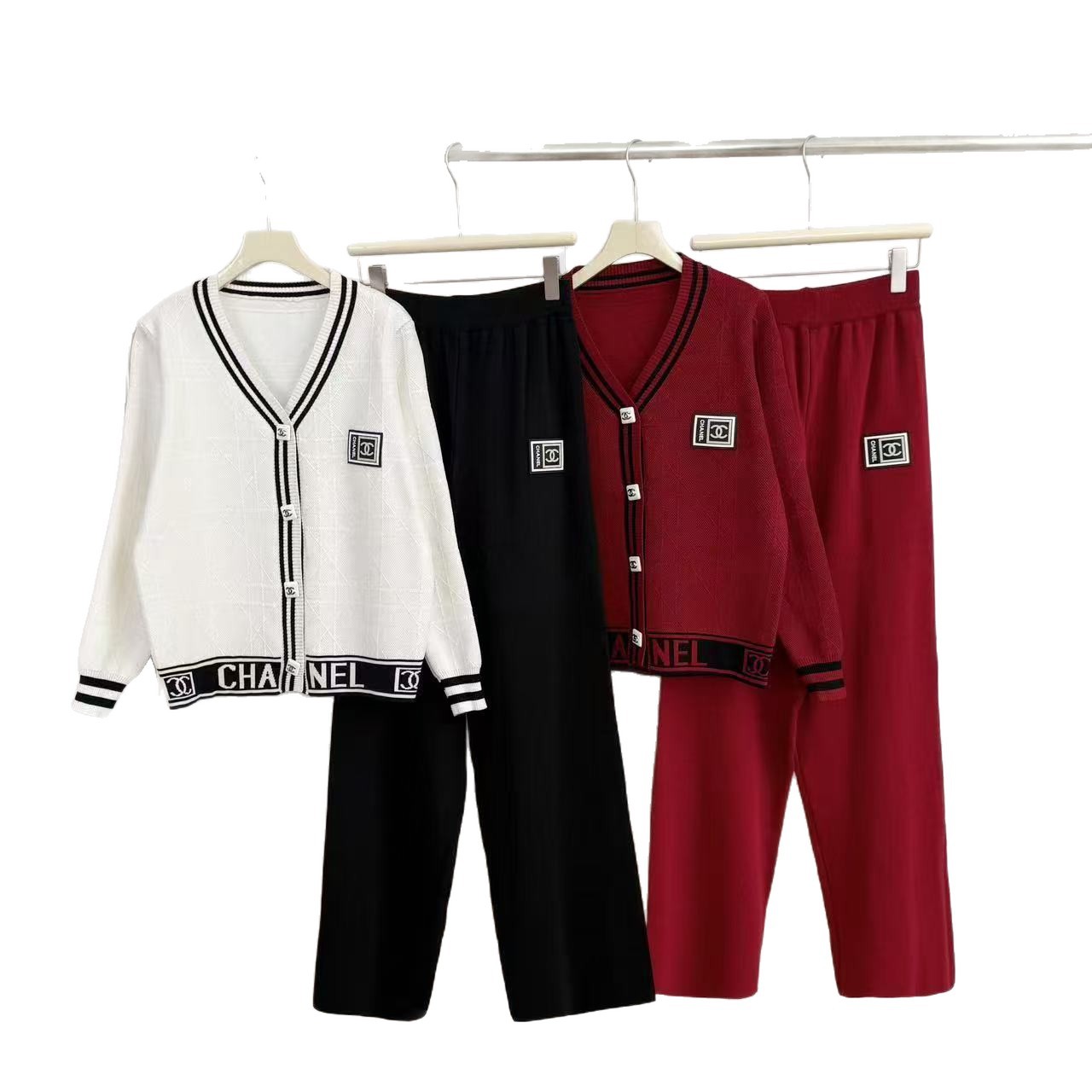 Cross border European and American women's clothing 2025 autumn and winter new sweater V-neck versatile knitted cardigan wide leg pants two-piece set Cross border European and American women's clothing 2025 autumn and winter new sweater V-neck versatile knitted cardigan wide leg pants two-piece set