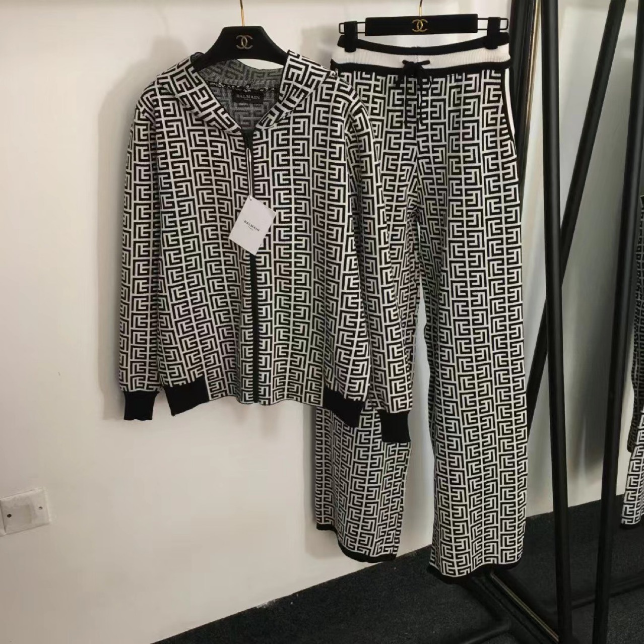 Hooded Autumn 2024 Fashion New Zipper Knitted Top Coat Long Sleeve Maze Pattern Cardigan Wide Leg Pants