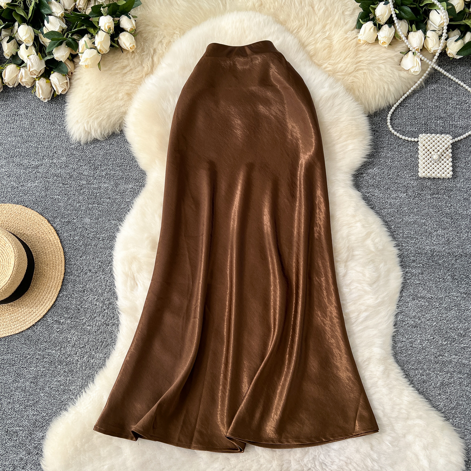 High end satin midi skirt for women 2025 new style, light luxury, high waist, slimming A-line package, hip sagging sensation, fish tail mid length skirt High end satin midi skirt for women 2025 new style, light luxury, high waist, slimming A-line package, hip sagging sensation, fish tail mid length skirt