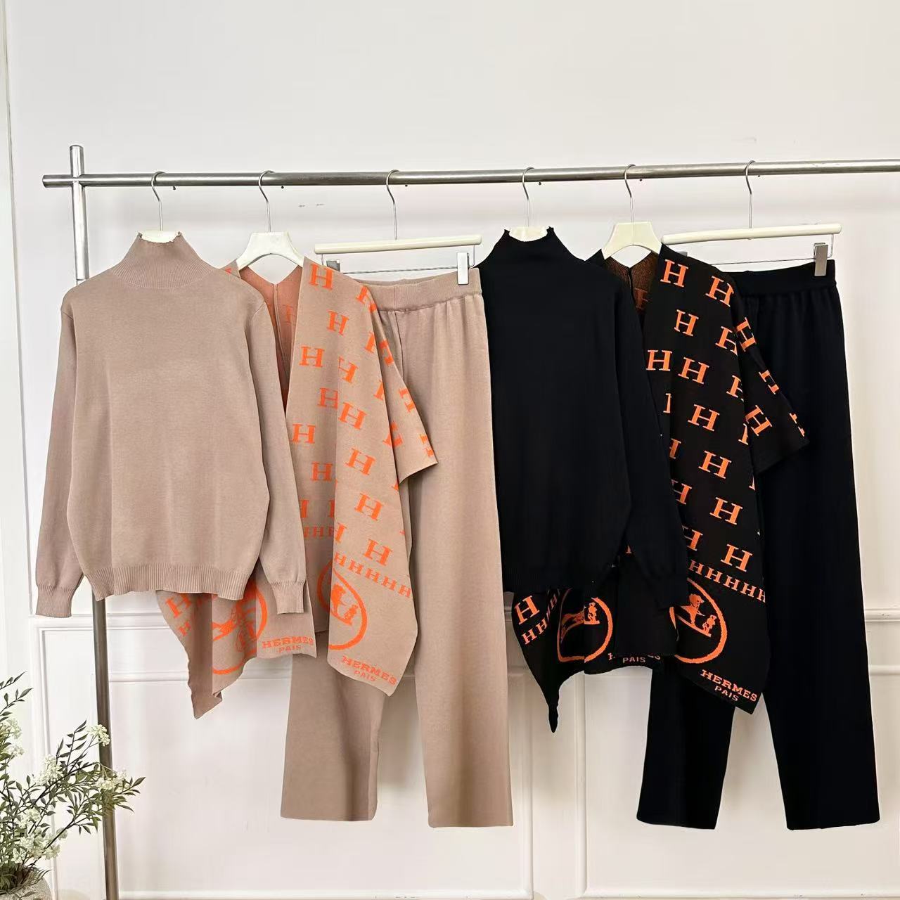 European station high-end semi high neck knitted top with letter printed cape and wide leg pants temperament three piece set