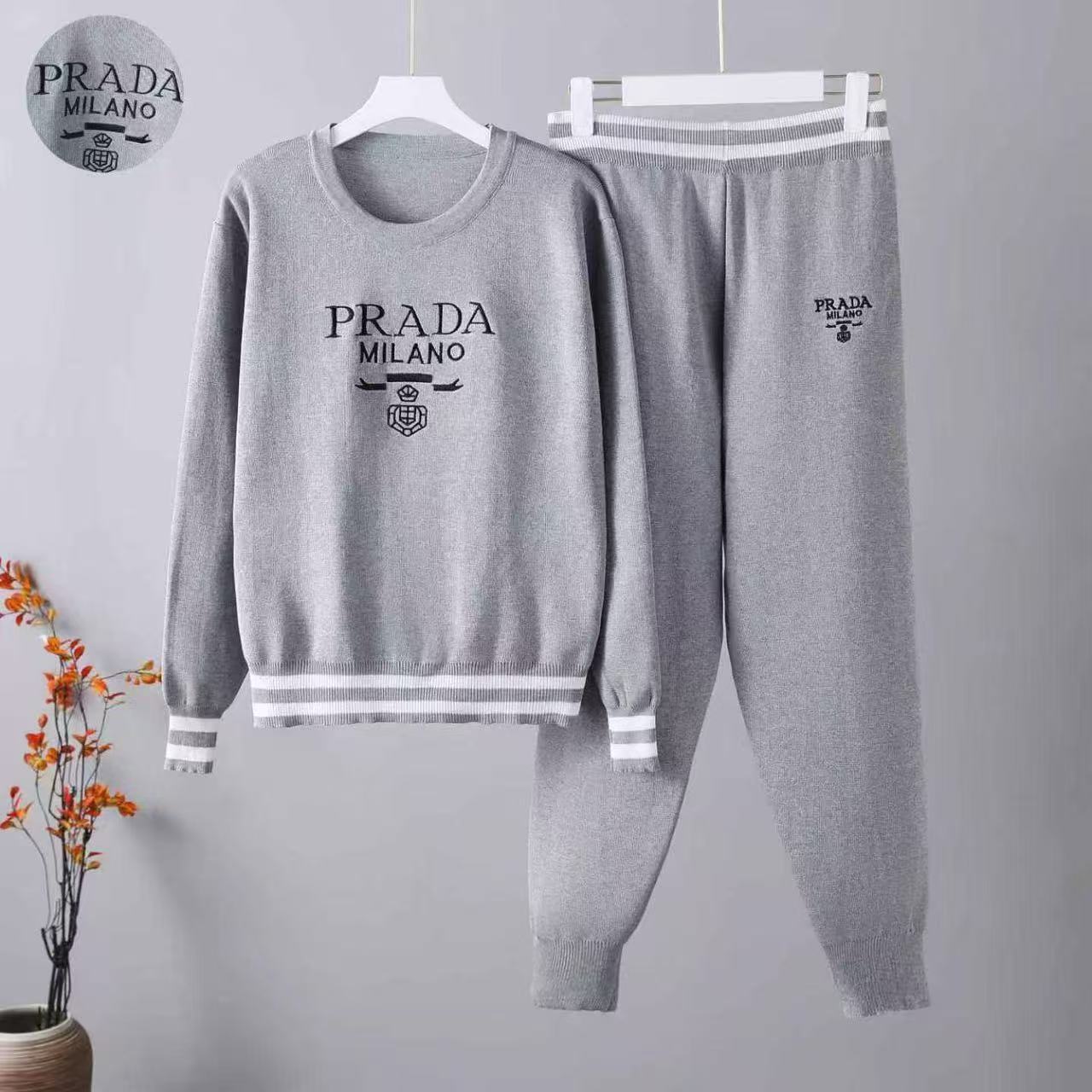 Cross border European and American trendy personalized heavy industry letter printing color blocked round neck top autumn and winter ankle pants knitted two-piece set Cross border European and American trendy personalized heavy industry letter printing color blocked round neck top autumn and winter ankle pants knitted two-piece set