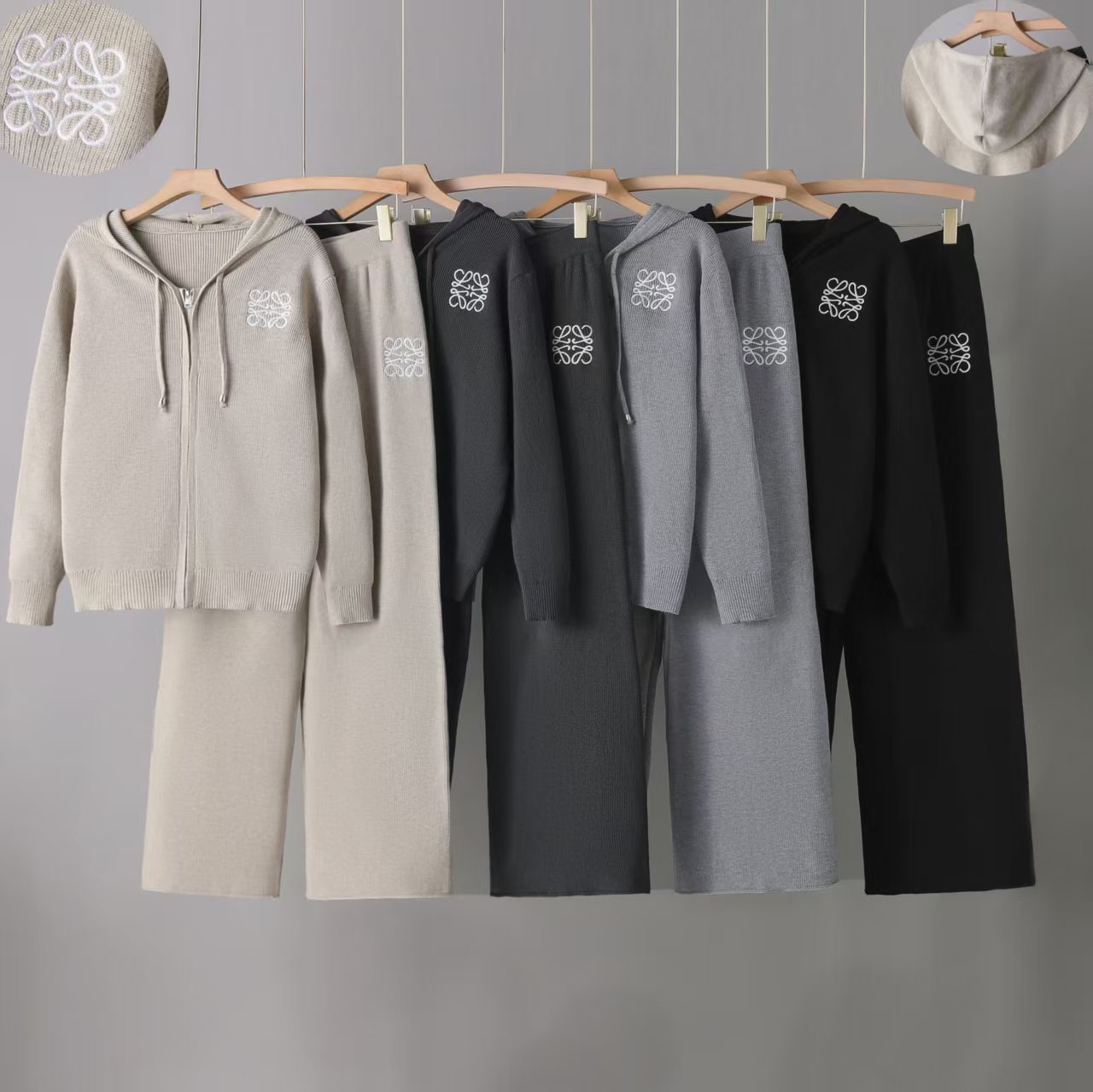Cross border 25 year autumn and winter new hooded embroidered knitted cardigan casual wide leg pants two-piece lazy style set
