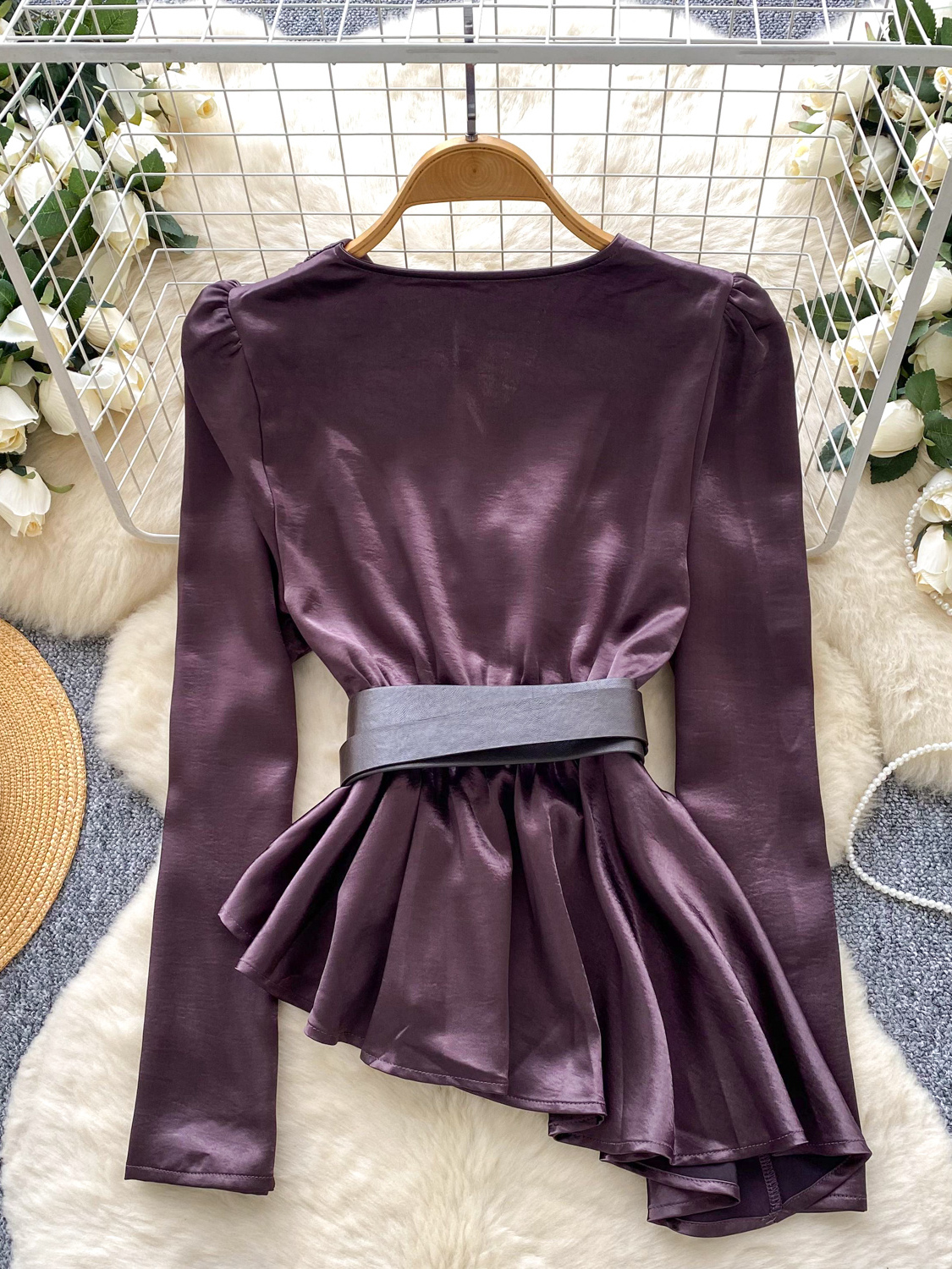 Wealthy heiress style satin long sleeved shirt for women in autumn, irregular belt design, high-end temperament, trendy top Wealthy heiress style satin long sleeved shirt for women in autumn, irregular belt design, high-end temperament, trendy top