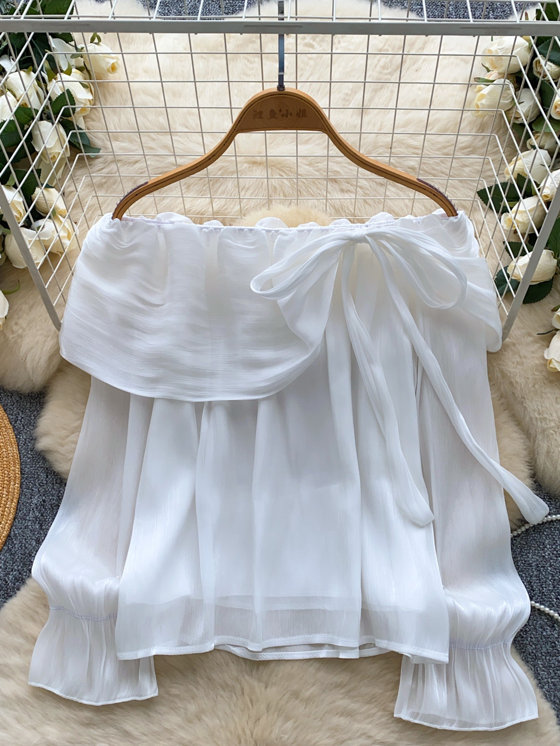 Gentle and elegant one shoulder lace up ruffle edge long sleeved shirt for women in autumn, versatile and stylish pearl mesh top Gentle and elegant one shoulder lace up ruffle edge long sleeved shirt for women in autumn, versatile and stylish pearl mesh top