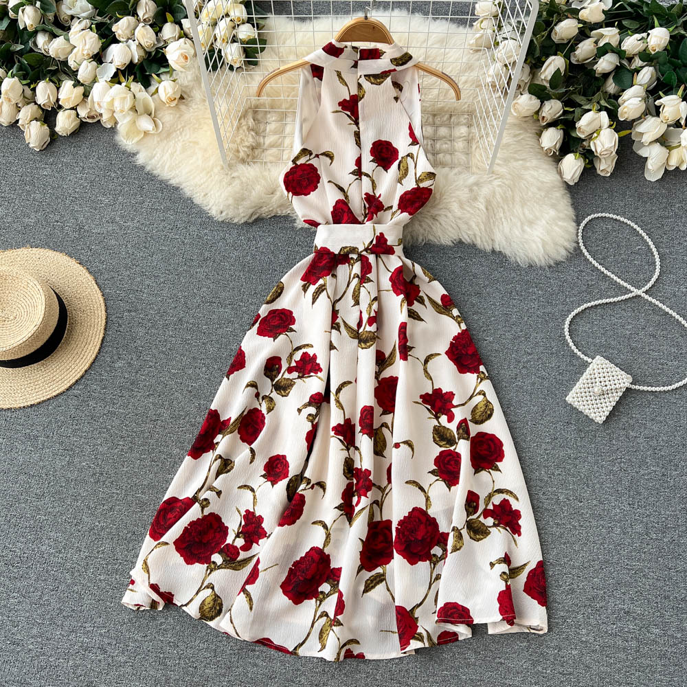 Vintage printed dress 2022 new goddess style temperament V-neck lace up waist slimming mid length dress Vintage printed dress 2022 new goddess style temperament V-neck lace up waist slimming mid length dress