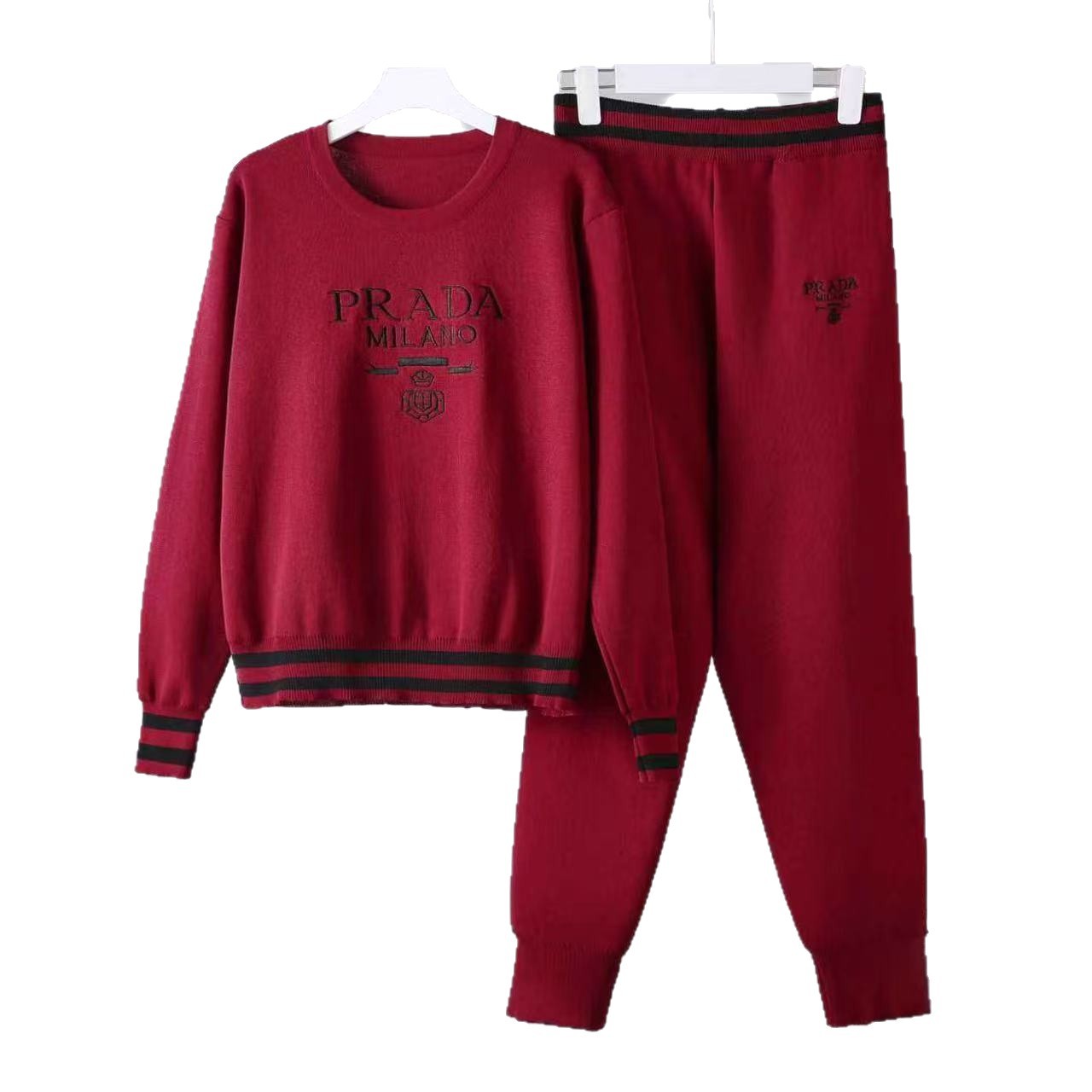 Cross border European and American trendy personalized heavy industry letter printing color blocked round neck top autumn and winter ankle pants knitted two-piece set Cross border European and American trendy personalized heavy industry letter printing color blocked round neck top autumn and winter ankle pants knitted two-piece set