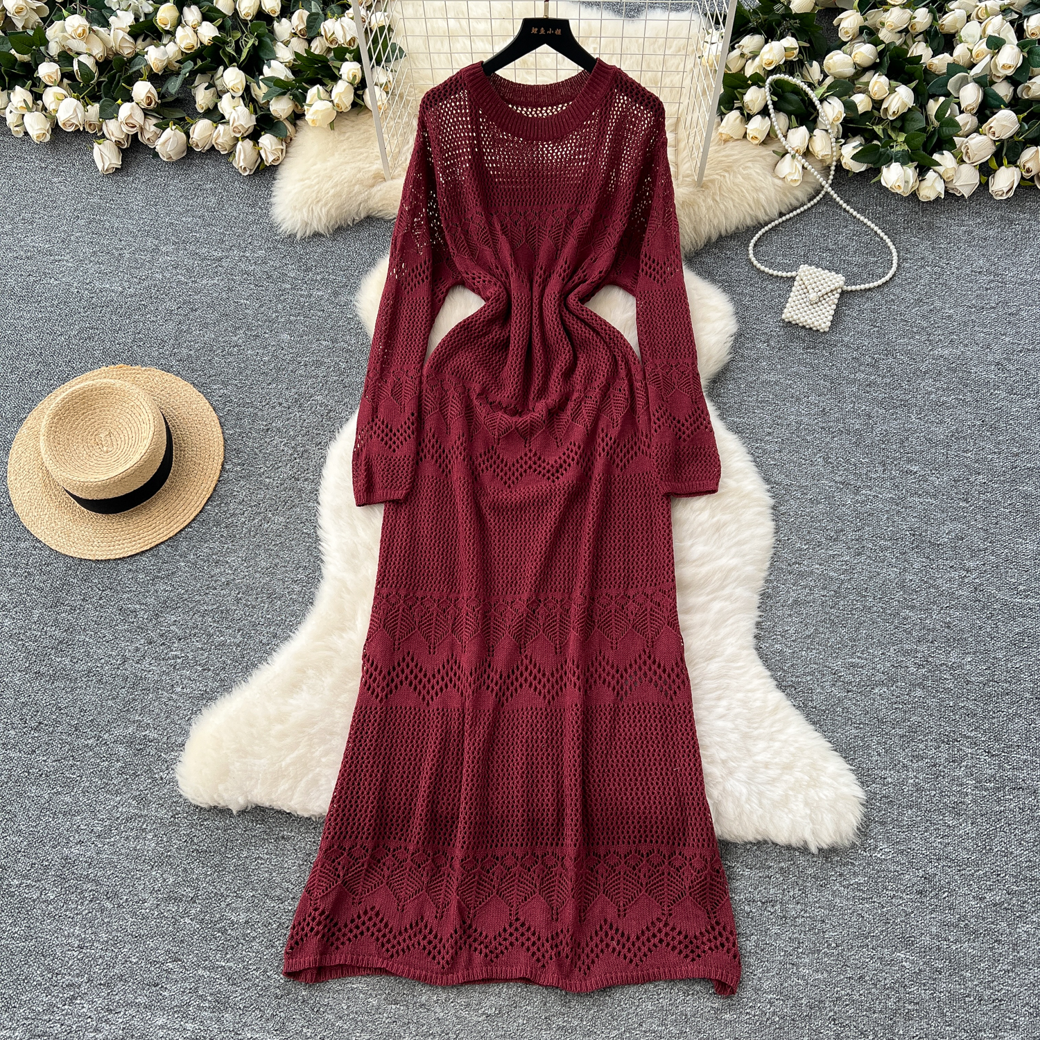 Korean gentle style, age reducing and lazy style, hollowed out hook and flower knitted dress, women's interior with camisole dress, two-piece set Korean gentle style, age reducing and lazy style, hollowed out hook and flower knitted dress, women's interior with camisole dress, two-piece set
