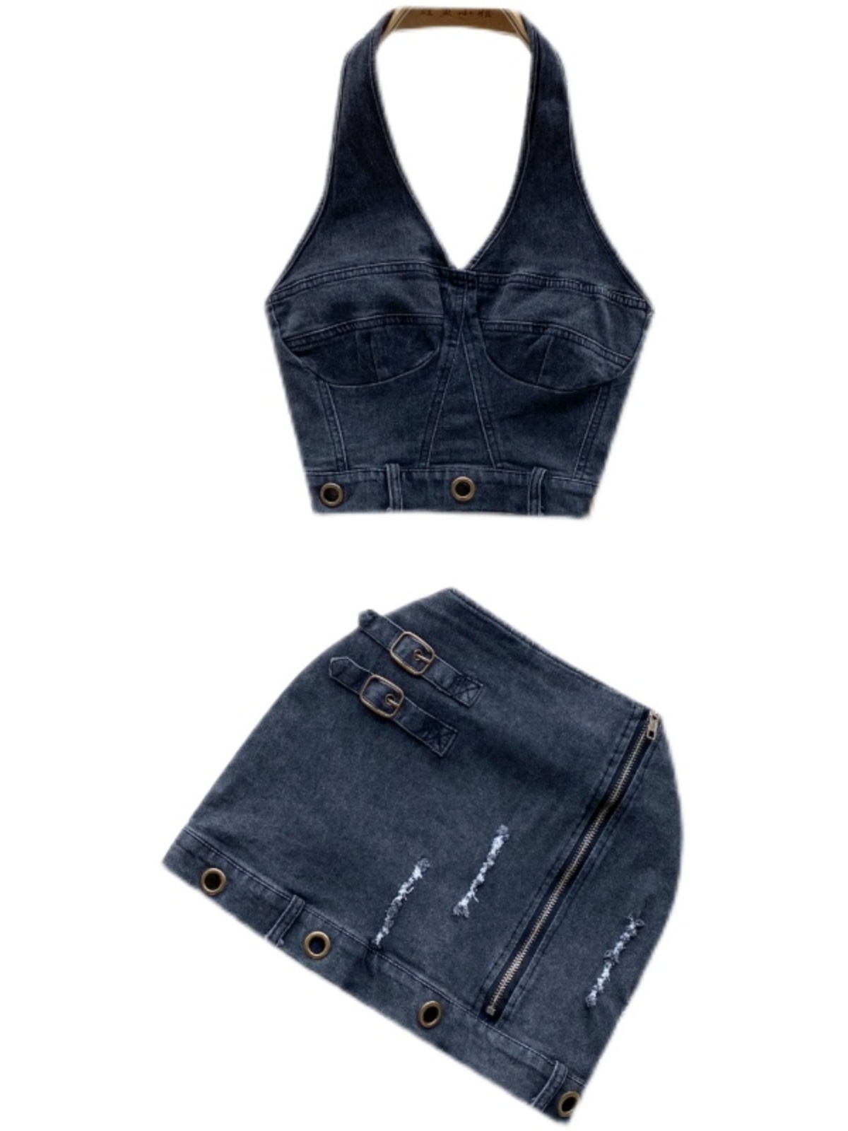 Dopamine Cool and Spicy Denim Set, Women's Summer Retro Design, Hanging Neck Strap Tank Top+High Waist Hip hugging Short Skirt Dopamine Cool and Spicy Denim Set, Women's Summer Retro Design, Hanging Neck Strap Tank Top+High Waist Hip hugging Short Skirt