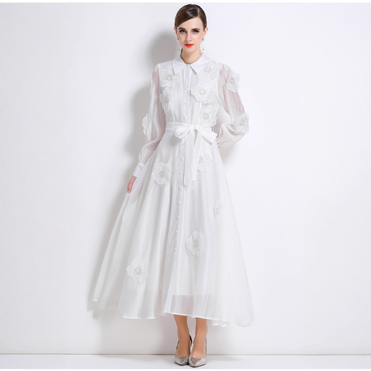 French high-end heavy industry nail bead three-dimensional flower long sleeved dress for women, autumn tie waist slimming single breasted long skirt