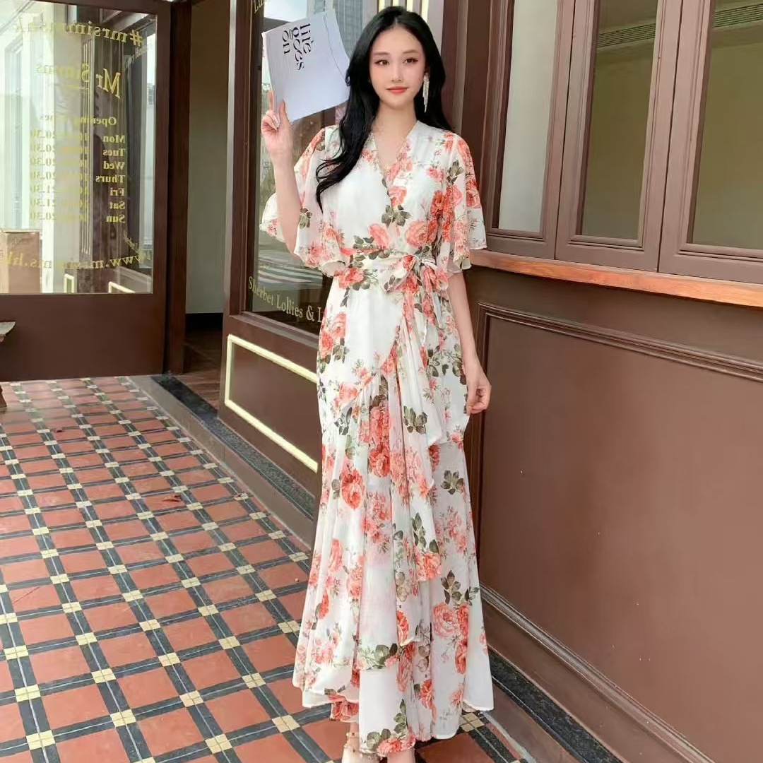 Amazon Europe and America Cross border 2025 Summer New Style Sexy and Elegant Temperament Short Sleeve Long Dress Sweet Dress for Women