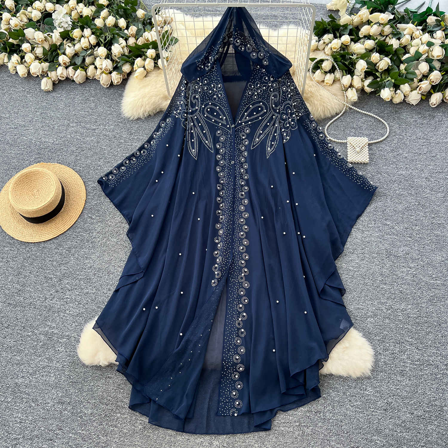 European and American fashion heavy industry nail bead hooded shawl jacket women's summer loose irregular thin cape mesh hood shirt European and American fashion heavy industry nail bead hooded shawl jacket women's summer loose irregular thin cape mesh hood shirt