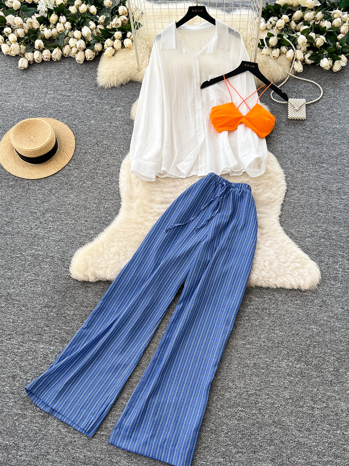 Beach vacation outfit for women, loose casual sun protection cover shirt+bikini camisole+striped wide leg pants